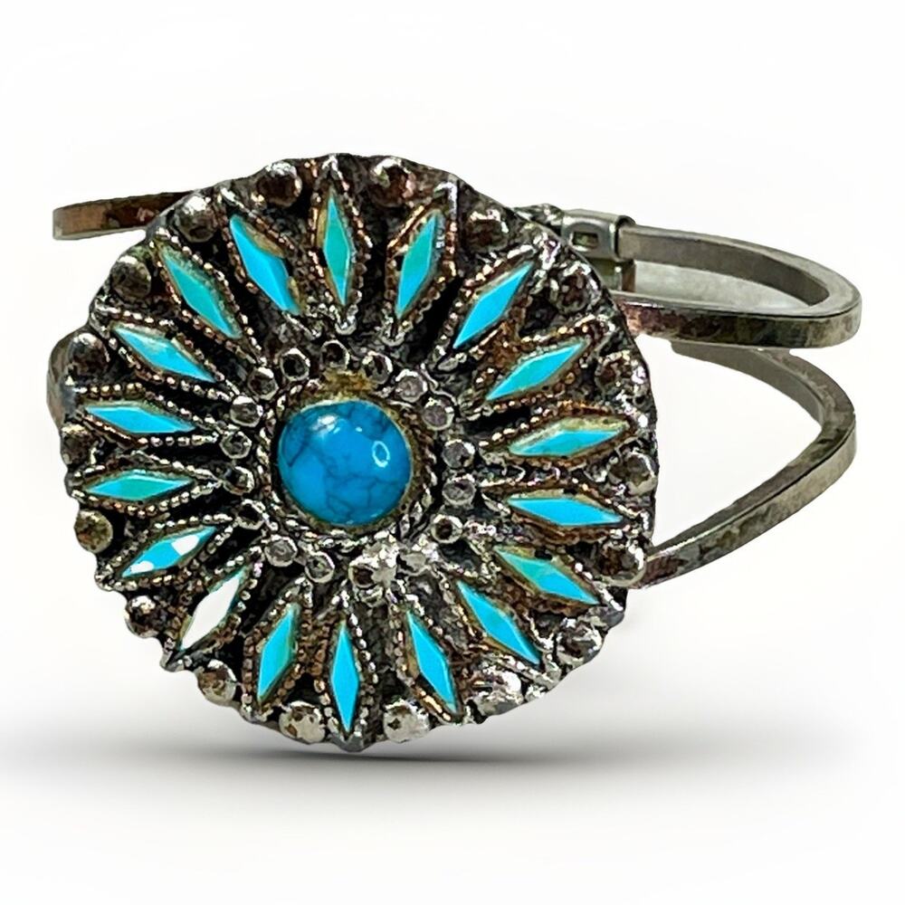 Vintage Southwest Copper Tone Clamper Bracelet w/ Faux Turquoise Medallion